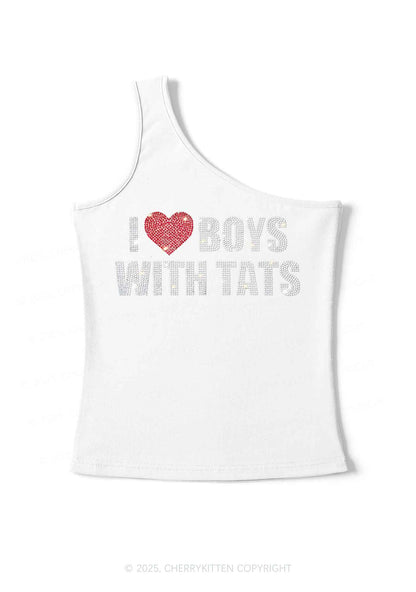 Rhinestone I Love Boys With Tats Y2K One Shoulder Tank Top Cherrykitten