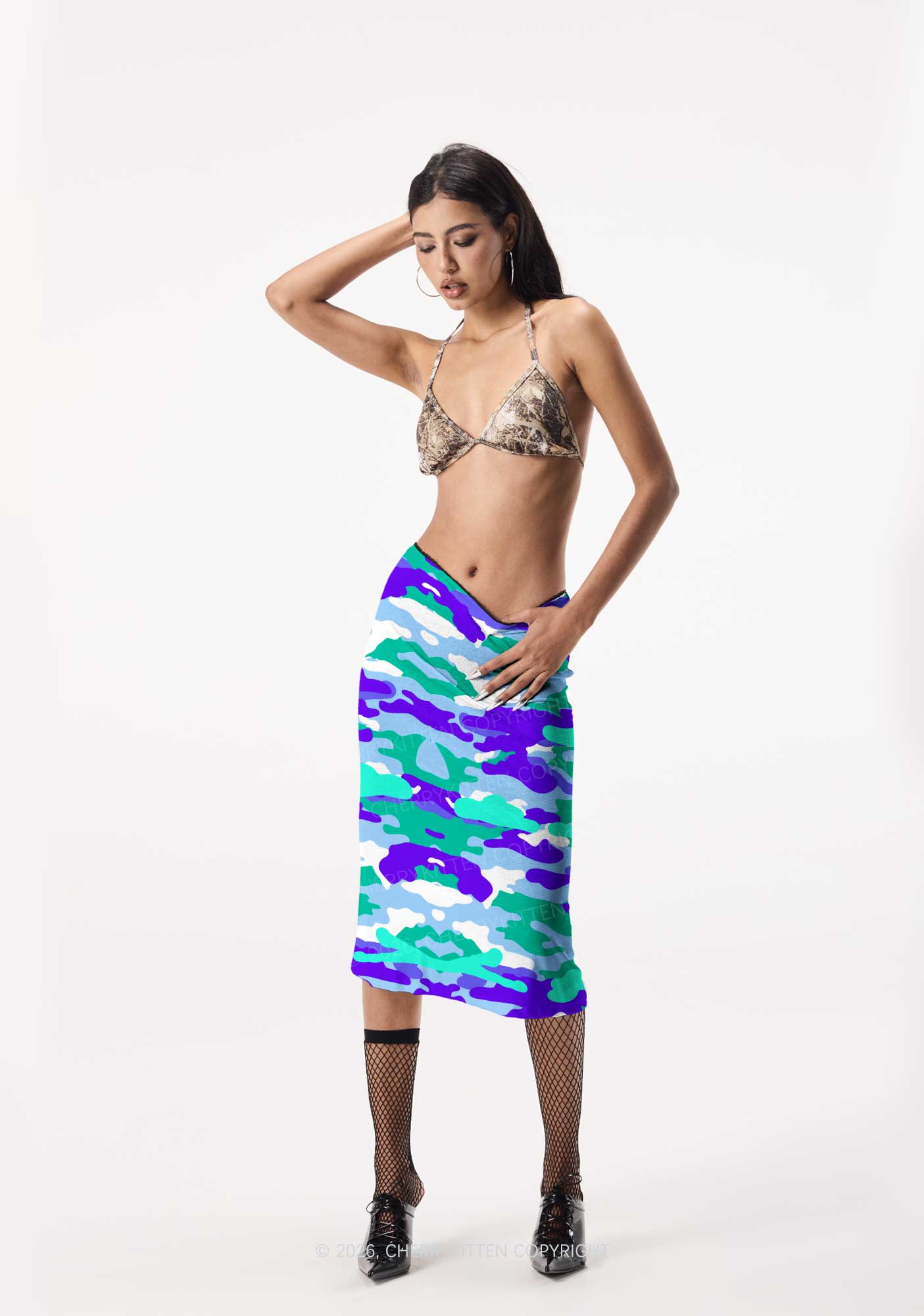 Gay Camouflage Pride Y2K Print Midi Skirt Cherrykitten