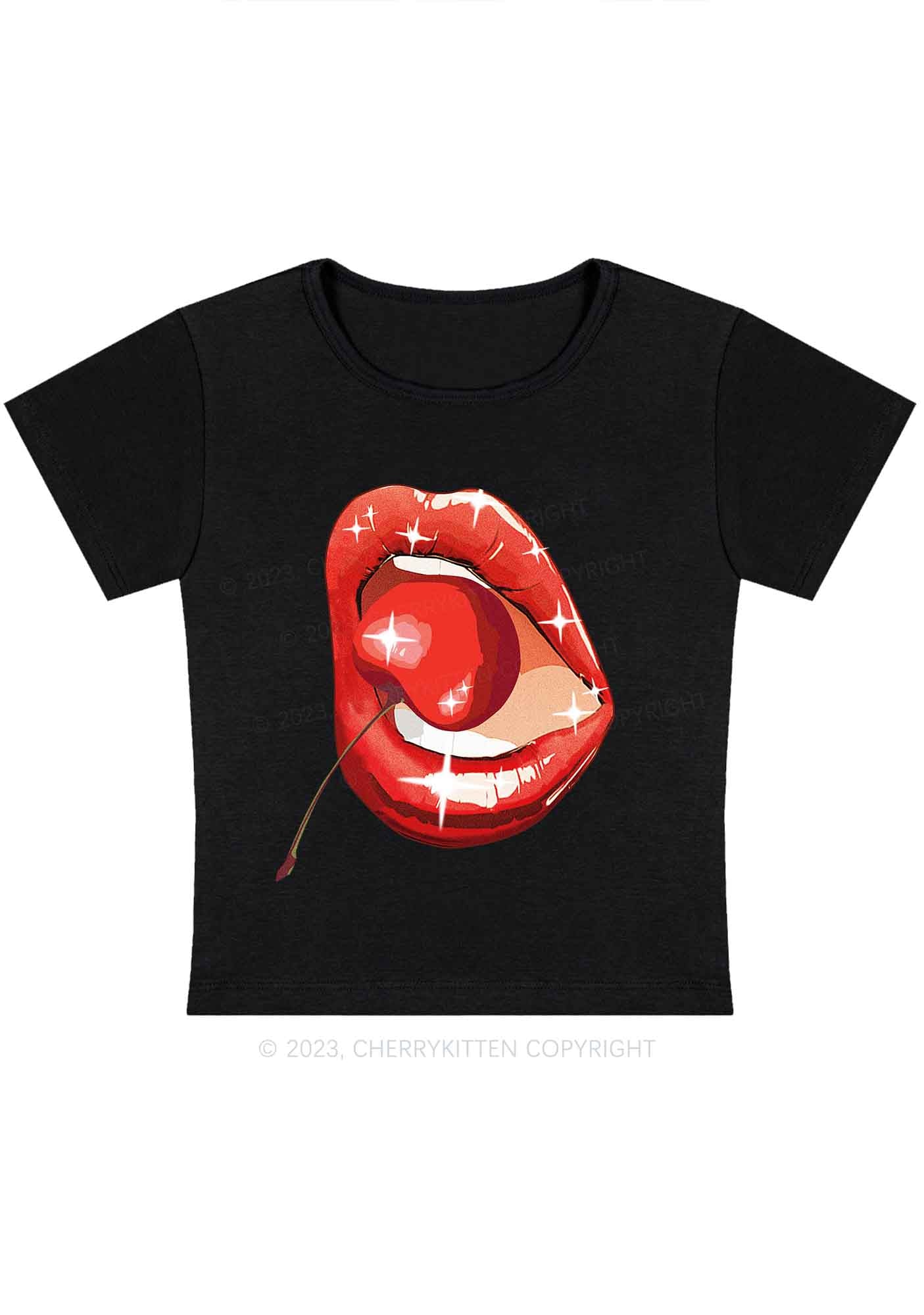 Curvy Red Cherry Lipstick Y2K Baby Tee Cherrykitten