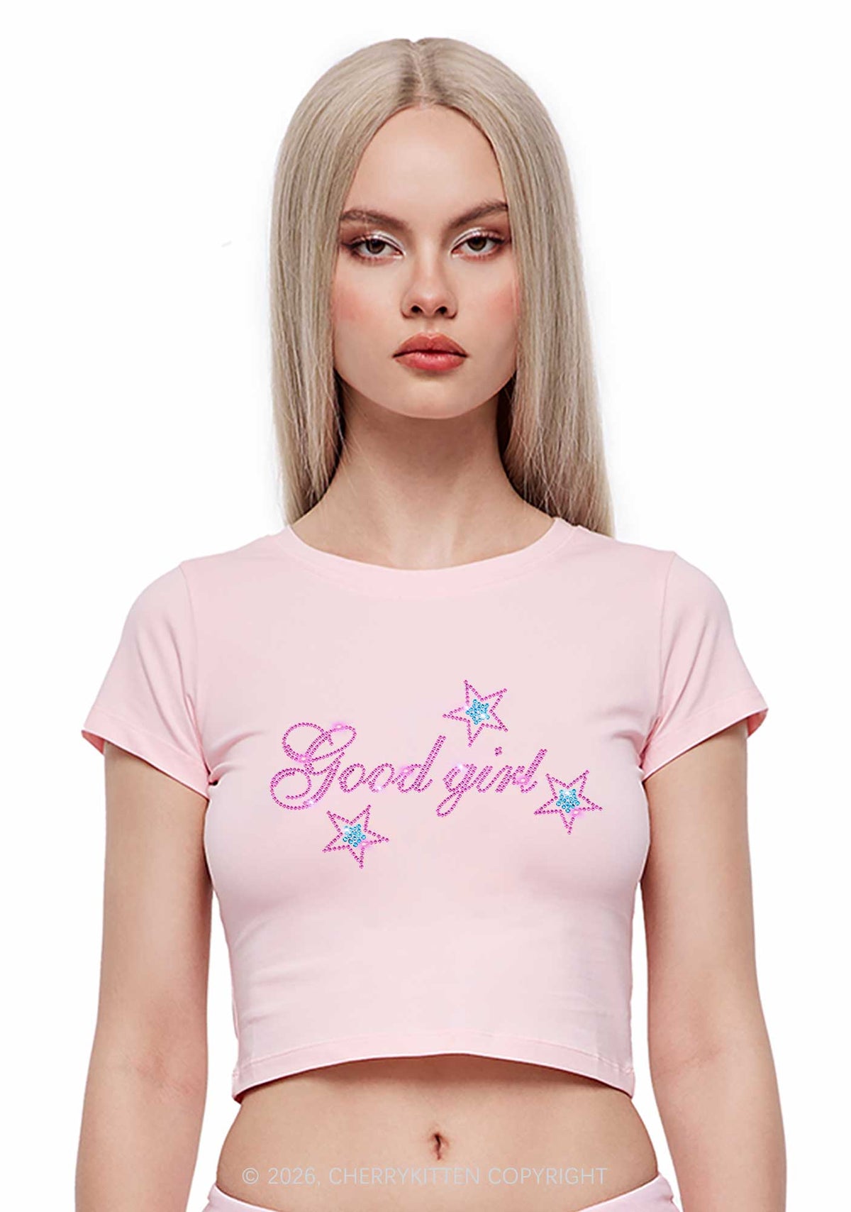 Rhinestone Good Girl Pink Star Y2K Baby Tee Cherrykitten