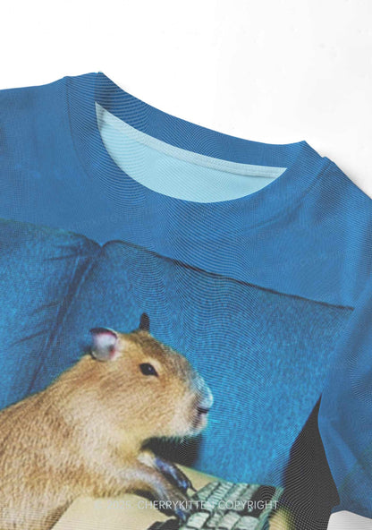 Keyboard Capybara Y2K Mesh Crop Top Cherrykitten