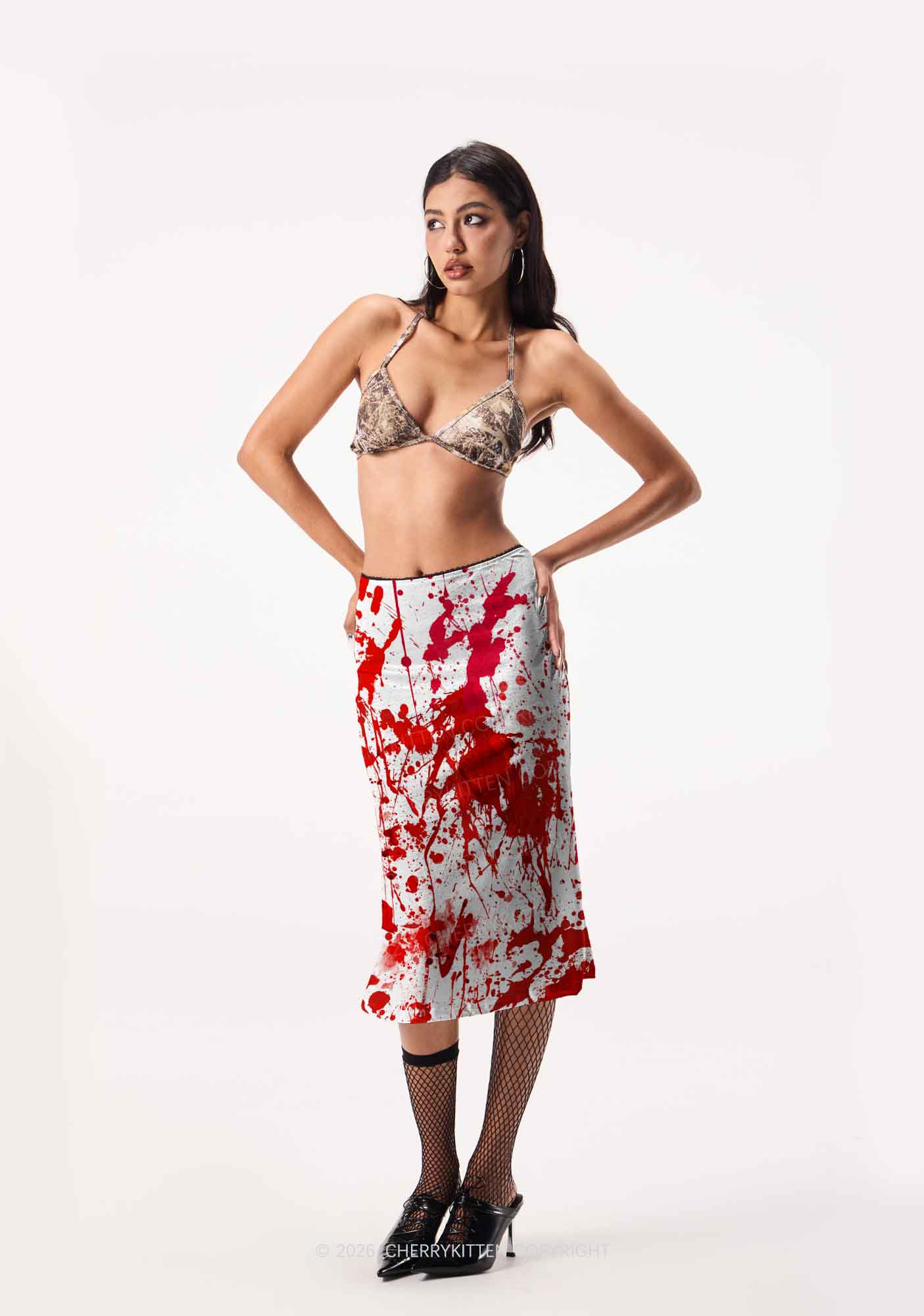 Halloween Red Blood On White Y2K Print Midi Skirt Cherrykitten