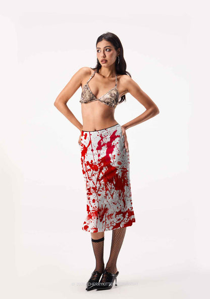 Halloween Red Blood On White Y2K Print Midi Skirt Cherrykitten