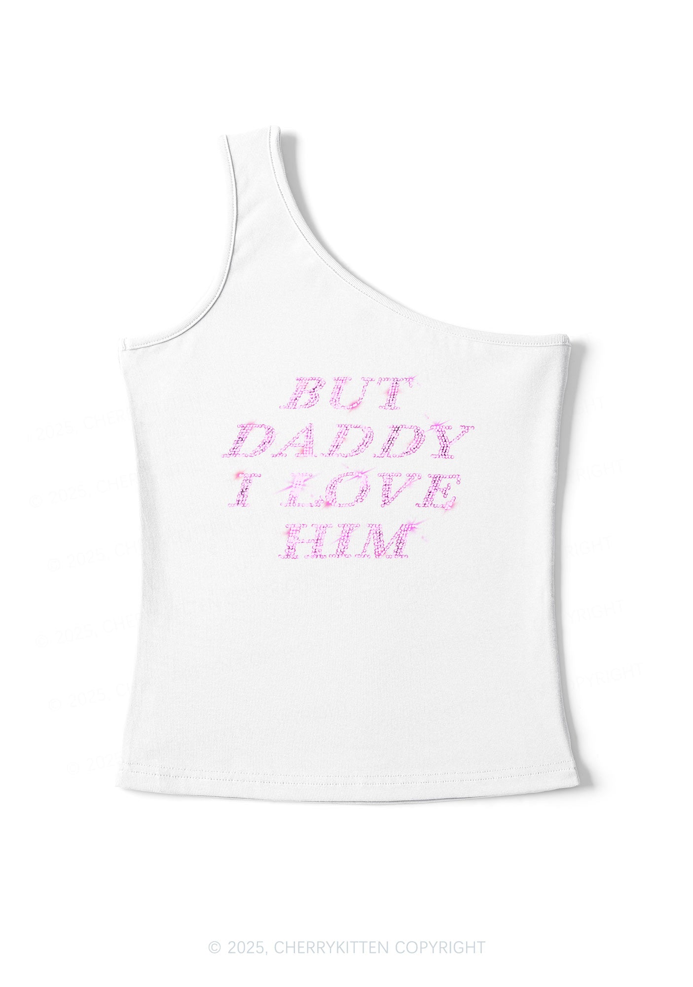 Rhinestone But Daddy I Love Him Y2K One Shoulder Tank Top Cherrykitten