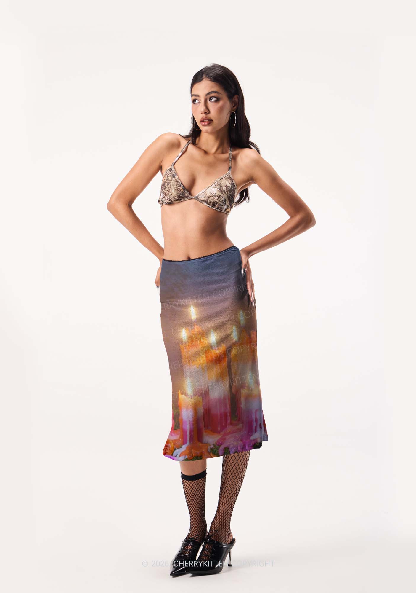 Lesbian Melting Candles Pride Y2K Print Midi Skirt Cherrykitten