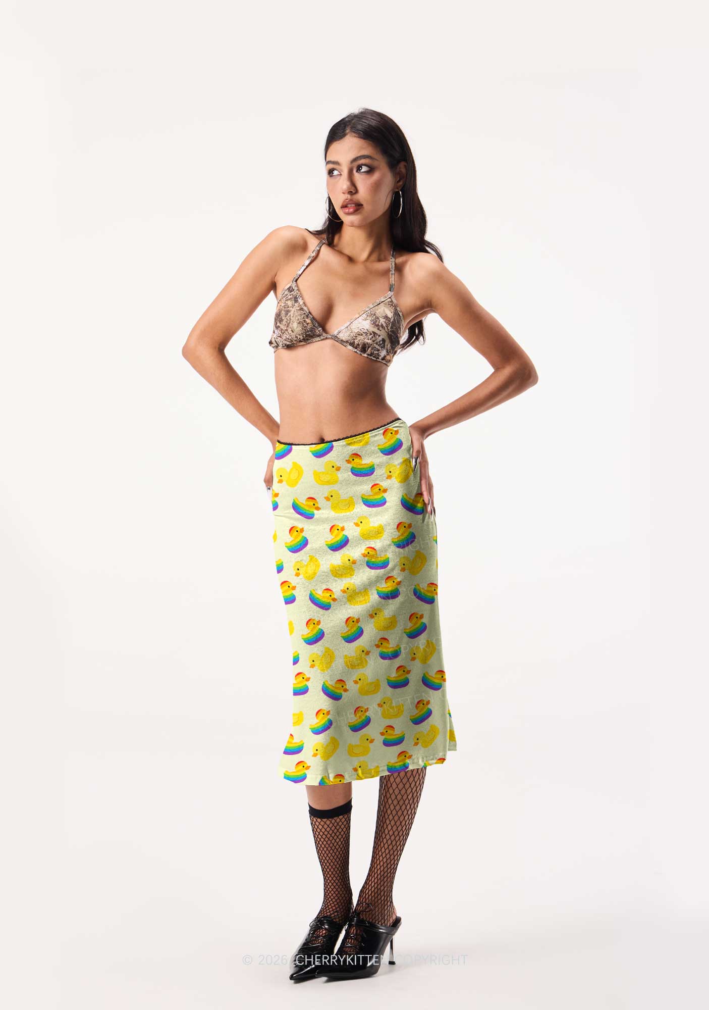 Rainbow Ducks Pride Y2K Print Midi Skirt Cherrykitten