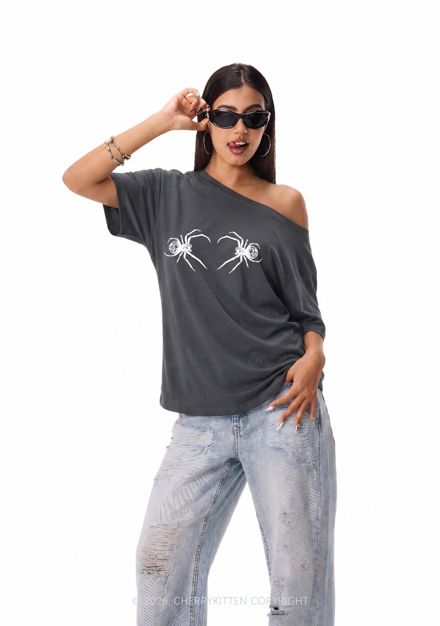 Skull Spider Y2K Off Shoulder Tee Cherrykitten