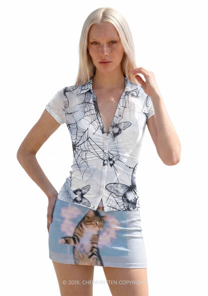 Web And Butterflies Y2K Mesh Ruched  Waist  V Neck Top Cherrykitten
