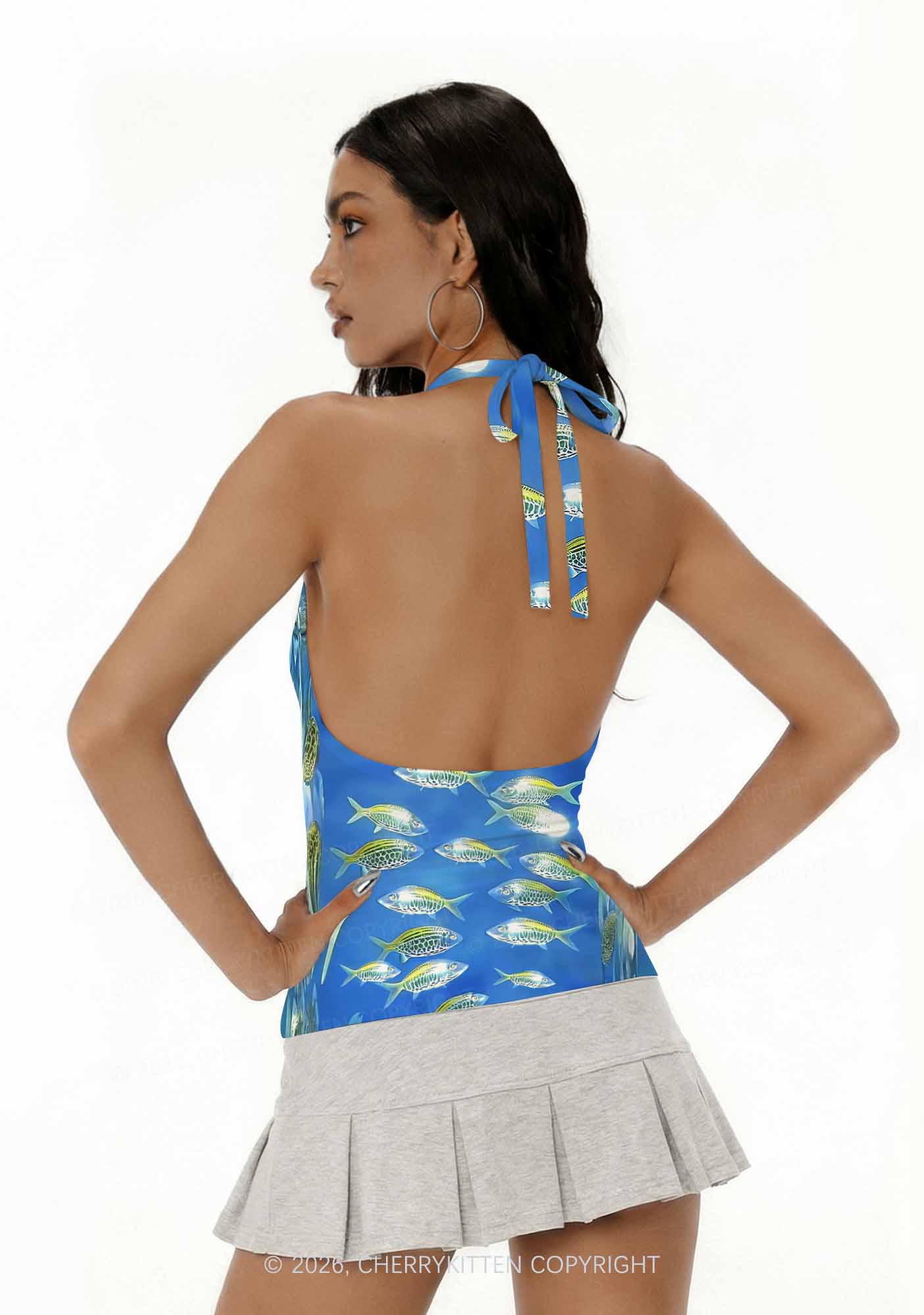 Undersea Fish Y2K Print Halter Deep V Neck Cami Cherrykitten