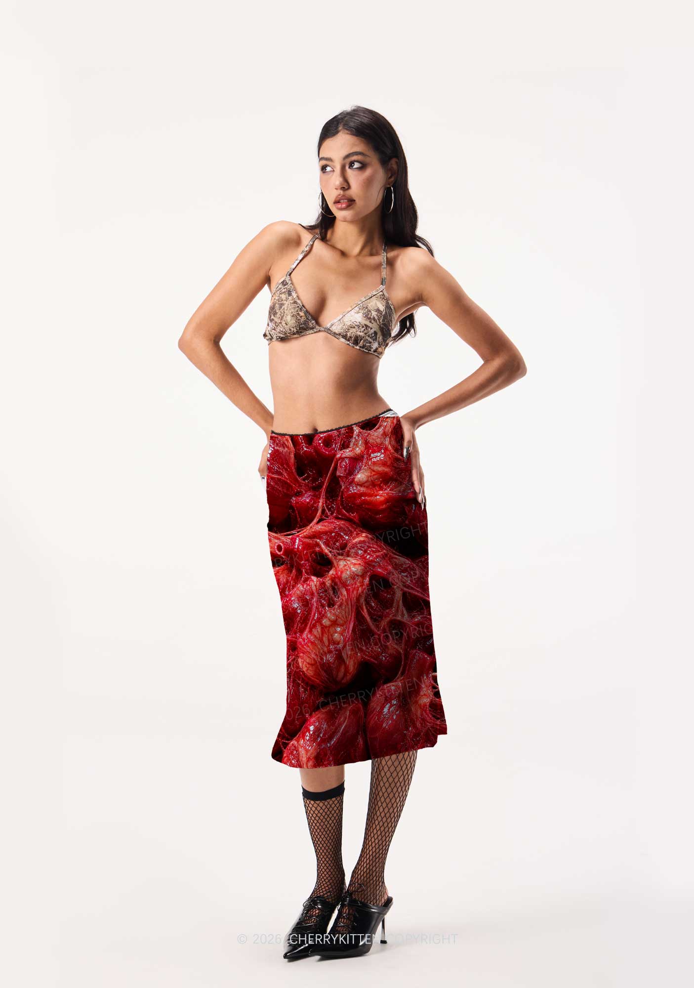 Red Anatomical Hearts Y2K Print Midi Skirt Cherrykitten