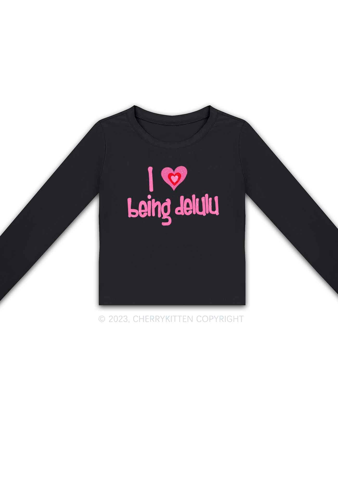 I Love Being Delulu Y2K Long Sleeve Crop Top Cherrykitten