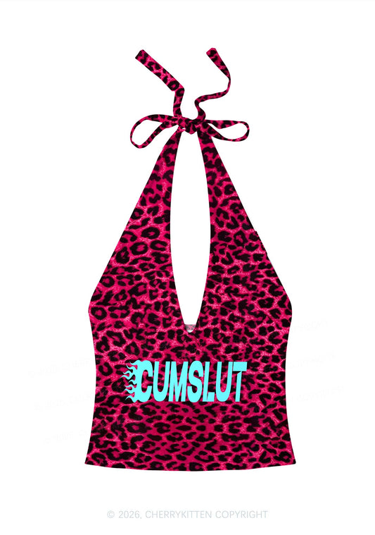 Cxmslxt Hot Pink Leopard Y2K Print Halter Deep V Neck Cami Cherrykitten