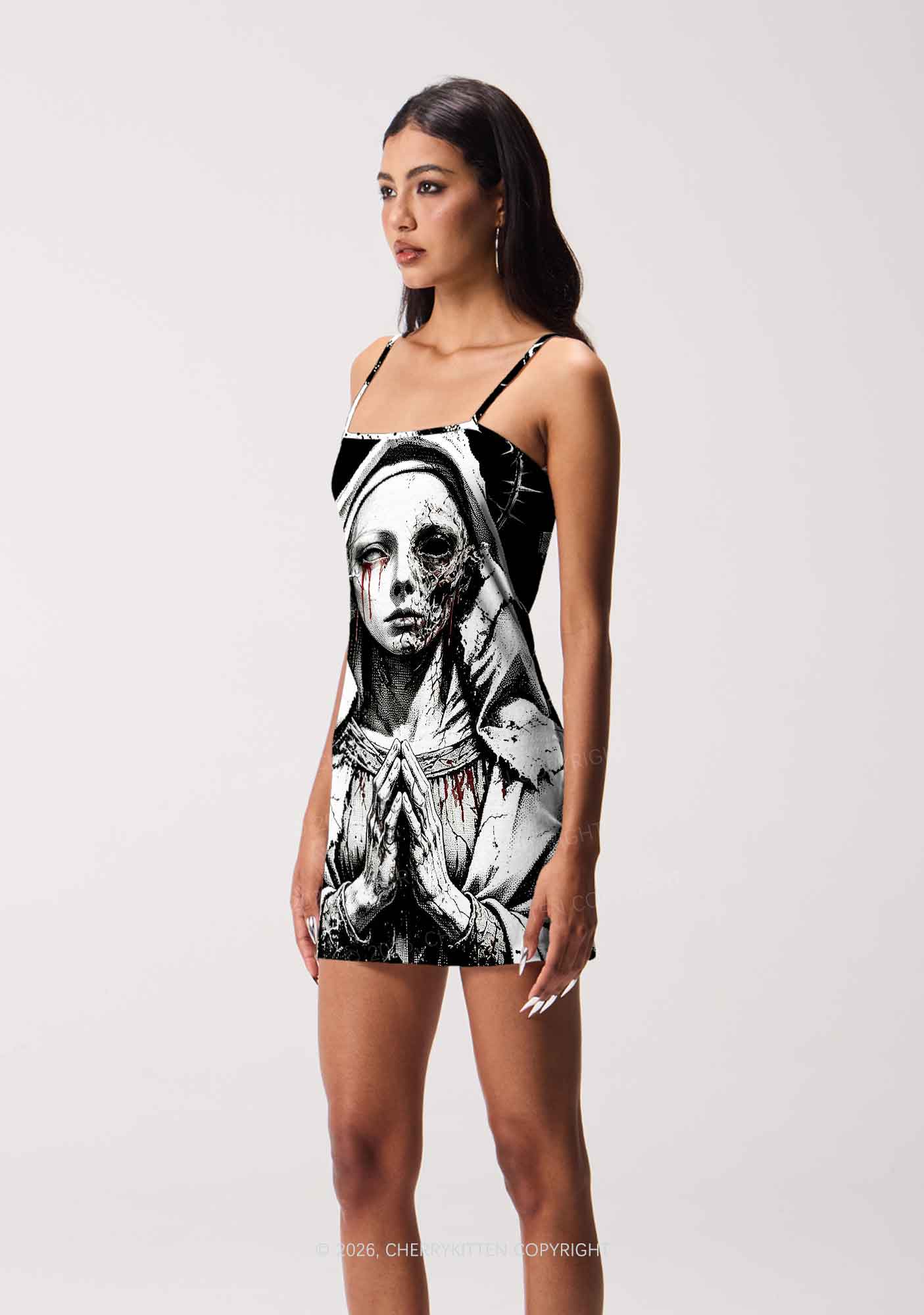 Halloween Decaying Prayer Figure Y2K Print Slip Dress Cherrykitten