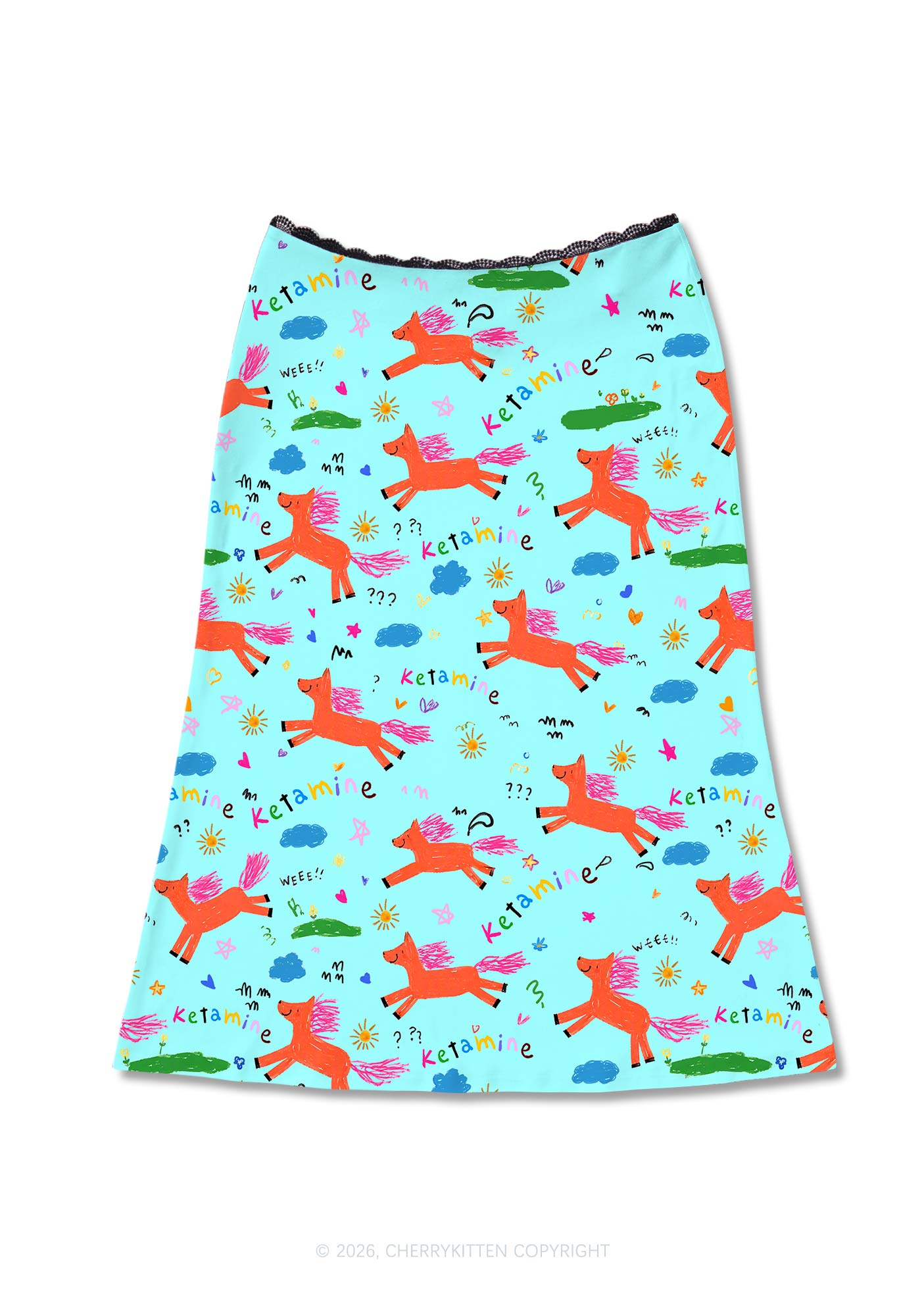 Orange Pony On Mint Green Y2K Print Midi Skirt Cherrykitten