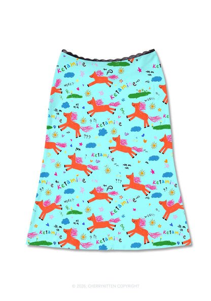 Orange Pony On Mint Green Y2K Print Midi Skirt Cherrykitten