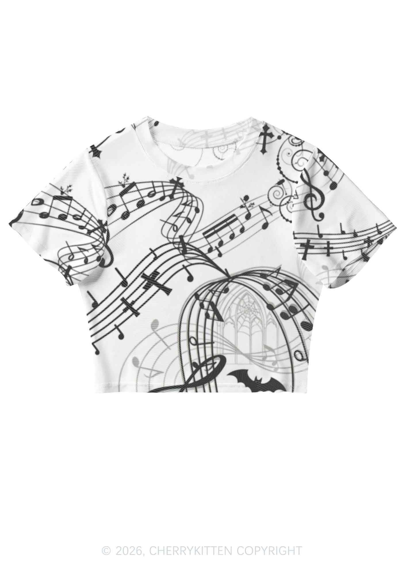 Halloween Gothic Music Note Cross Bat Y2K Mesh Crop Top Cherrykitten