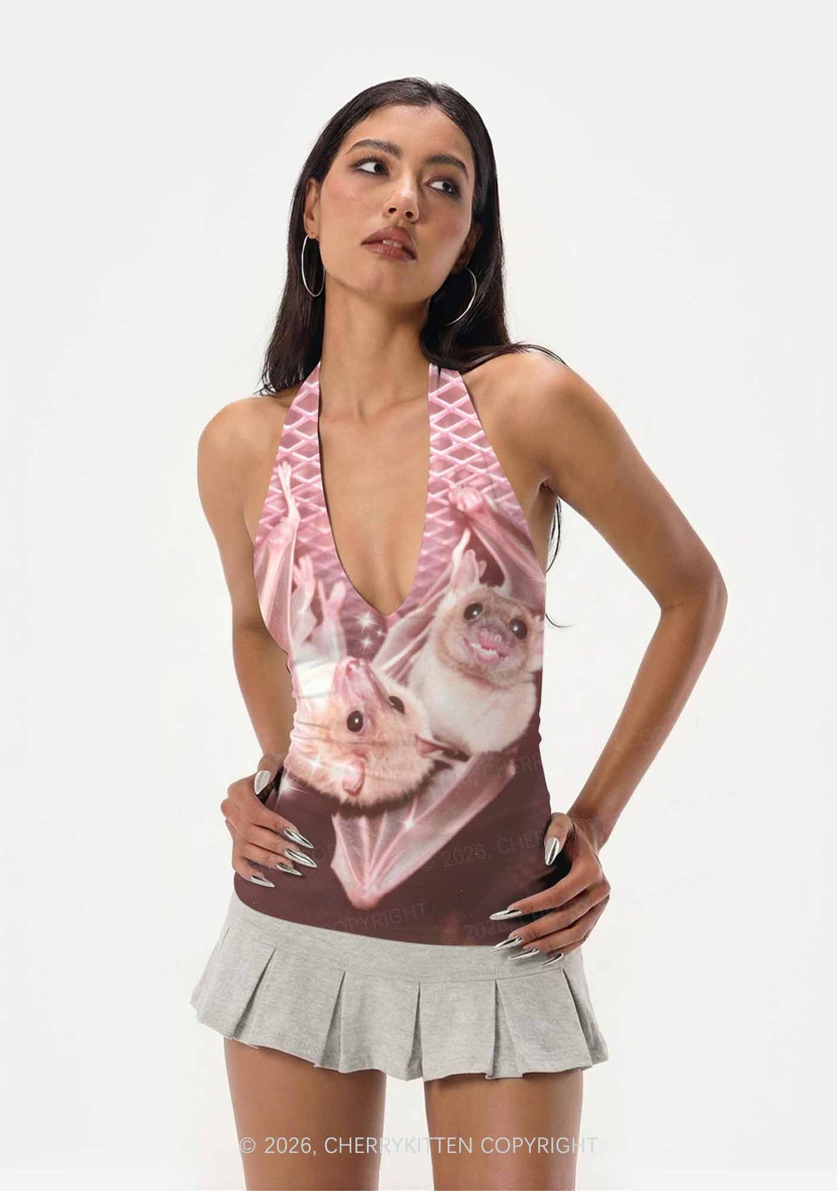 Halloween Two Baby Bats Y2K Print Halter Deep V Neck Cami Cherrykitten