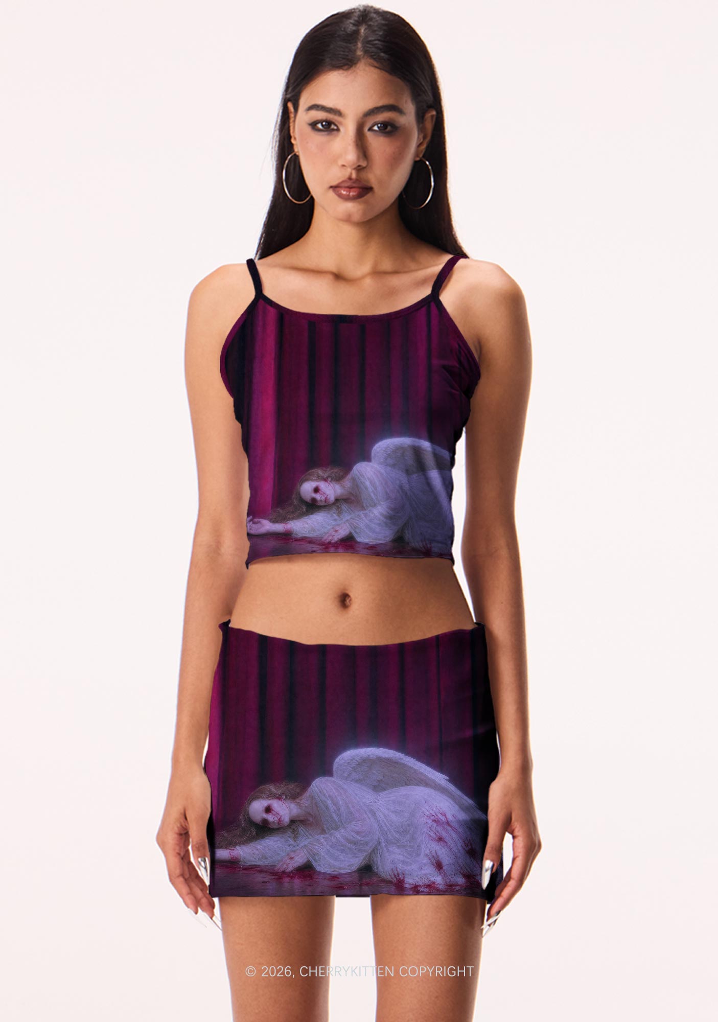 Halloween Bloody Lying Angel Y2K Print Mini Skirt Cherrykitten
