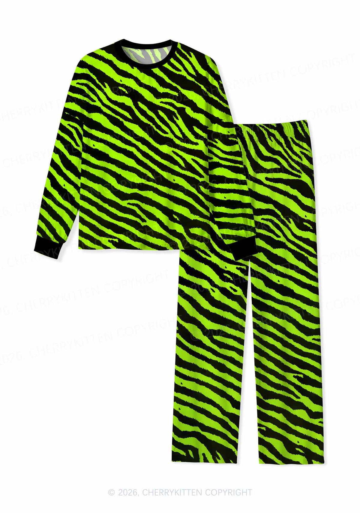 Green Zebra Y2K Print Long Sleeve Pajama Set Cherrykitten