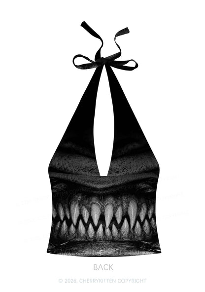 Halloween Monster Sharp Fangs Y2K Print Halter Deep V Neck Cami Cherrykitten
