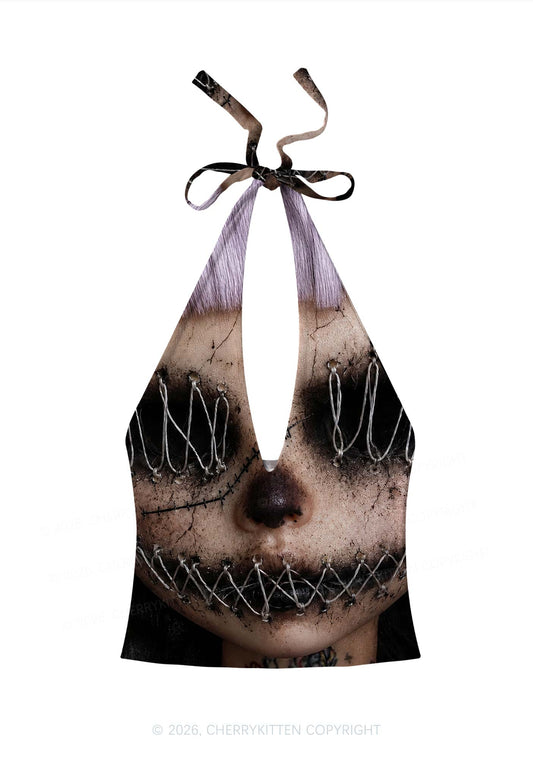 Halloween Metal Wire Face Y2K Print Halter Deep V Neck Cami Cherrykitten
