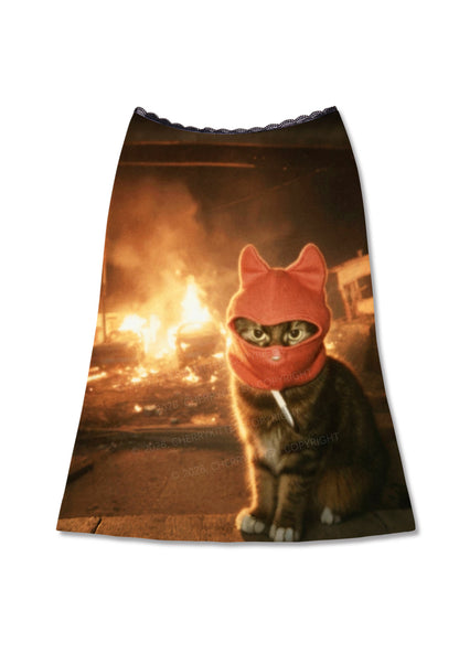 Halloween Red Ear Hood Cat Y2K Print Midi Skirt Cherrykitten