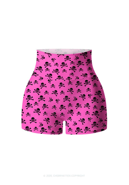 Halloween Pink Skulls Y2K Print Gym Shorts Cherrykitten