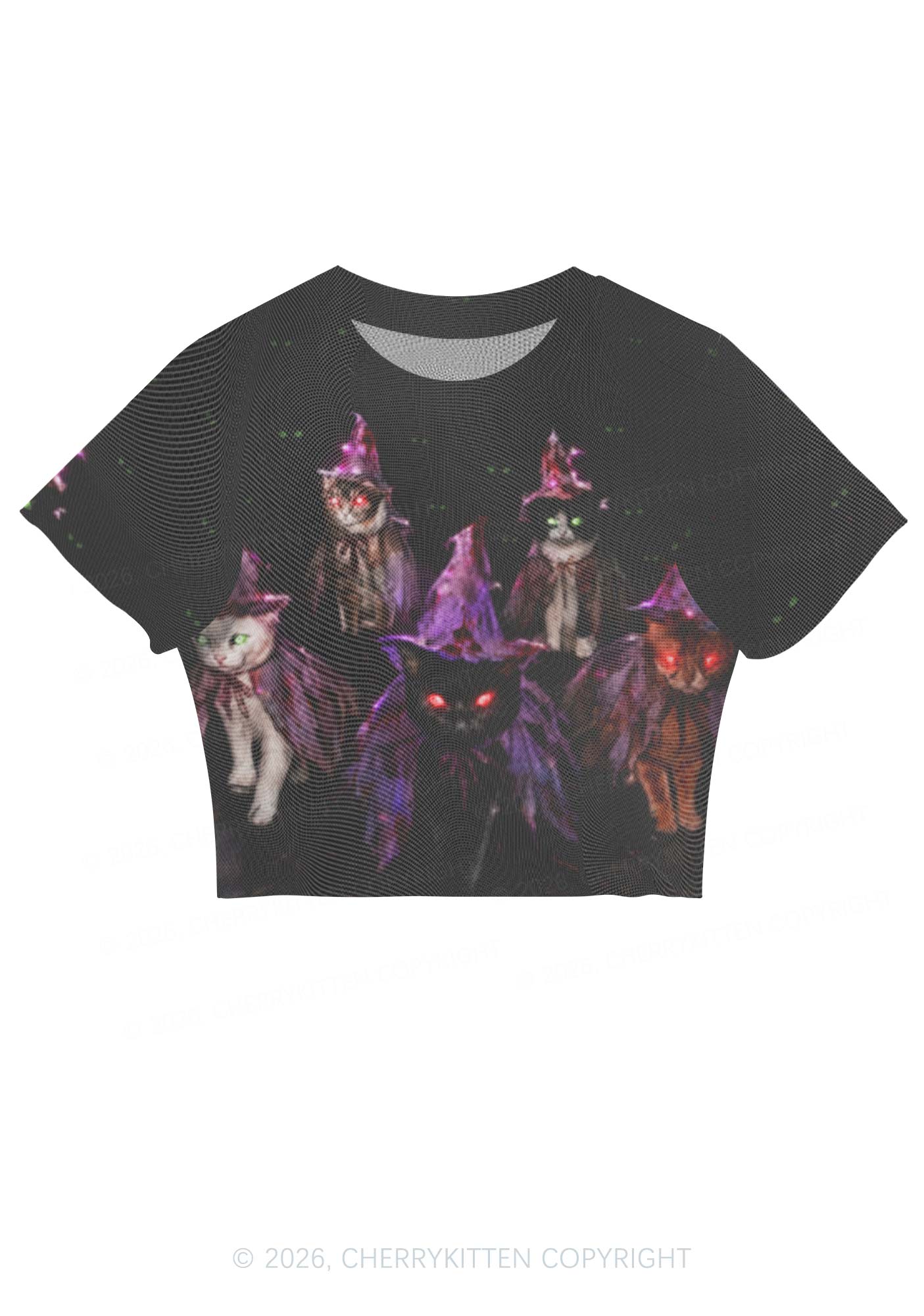 Halloween Purple Witch Hats Cat Y2K Mesh Crop Top Cherrykitten