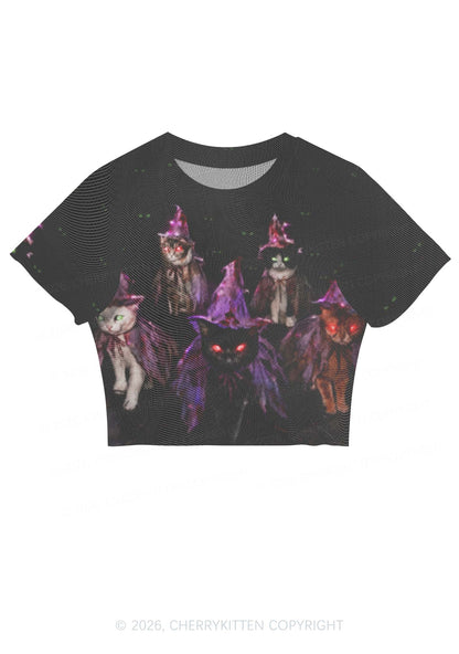 Halloween Purple Witch Hats Cat Y2K Mesh Crop Top Cherrykitten