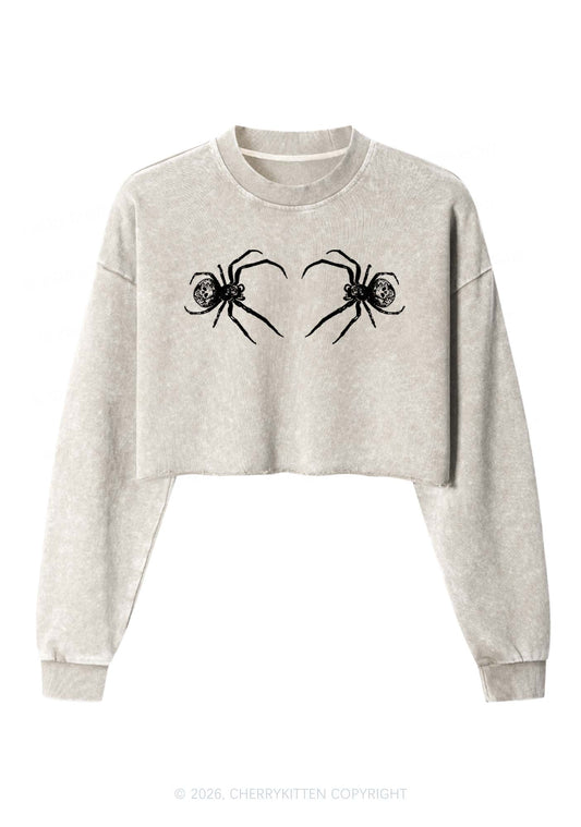 Skull Spider Y2K Crop Washed Sweatshirts Cherrykitten