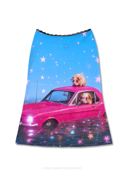 Two Guinea Pigs On Pink Car Y2K Print Midi Skirt Cherrykitten