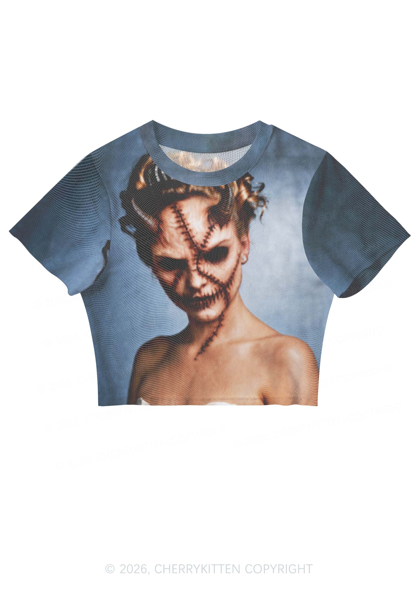 Halloween Scar Horned Demon Woman Y2K Mesh Crop Top Cherrykitten