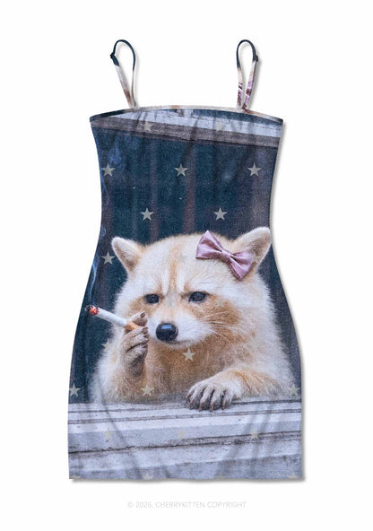 Pink Bow Smoking Raccoon Y2K Print Slip Dress Cherrykitten