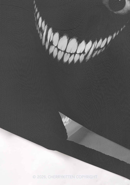 Halloween Black Creepy Grin Y2K Mesh Crop Top Cherrykitten