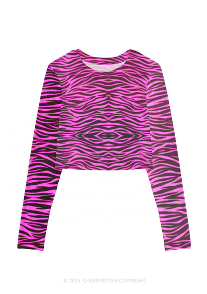 Pink Zebra Y2K Mesh Long Sleeve Crop Top Cherrykitten