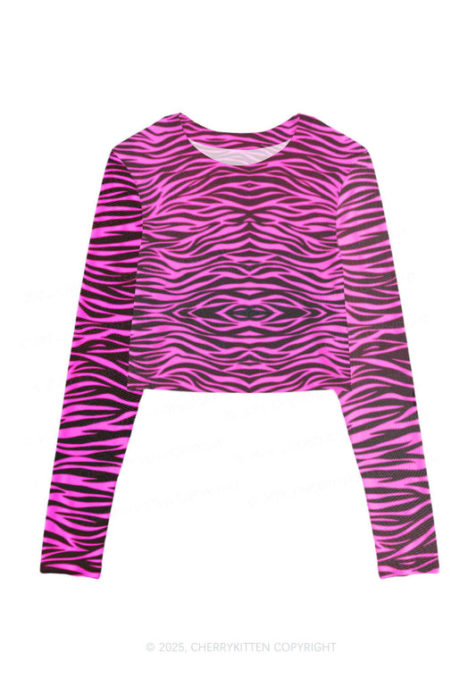 Pink Zebra Y2K Mesh Long Sleeve Crop Top Cherrykitten