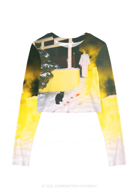 Snow Cat Y2K Mesh Long Sleeve Crop Top Cherrykitten