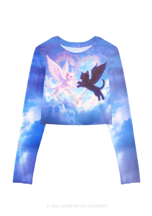Cat Angel Y2K Mesh Long Sleeve Crop Top Cherrykitten