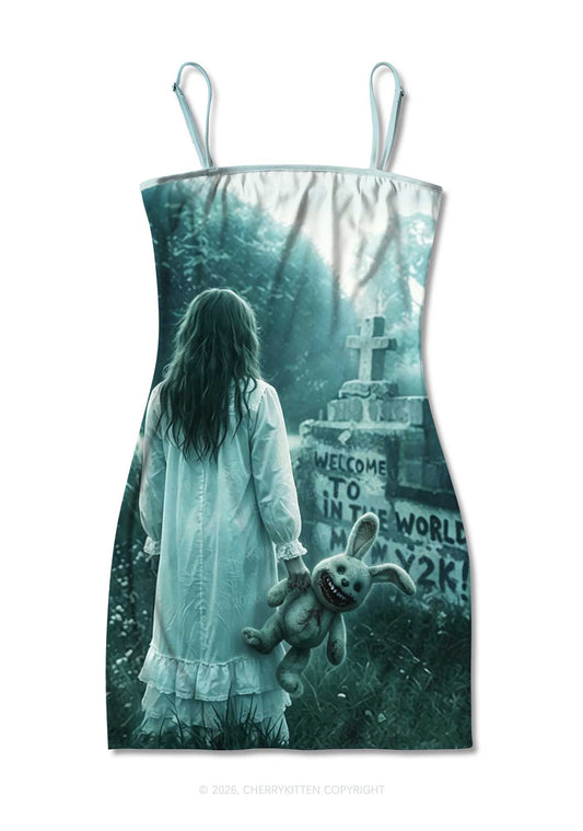 Halloween Graveyard Bunny Doll Y2K Print Slip Dress Cherrykitten