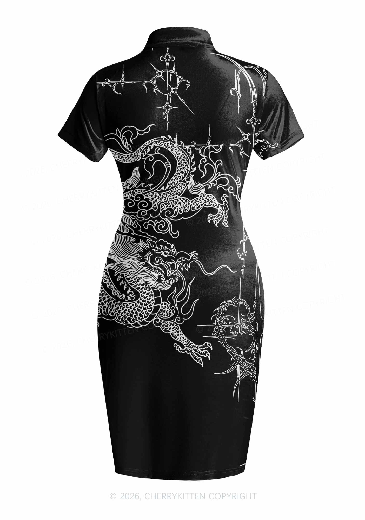 Halloween White Dragon On Black Y2K Cheongsam Mini Dress Cherrykitten