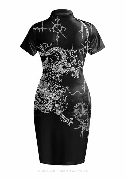 Halloween White Dragon On Black Y2K Cheongsam Mini Dress Cherrykitten
