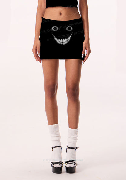 Halloween Black Creepy Grin Y2K Print Mini Skirt Cherrykitten