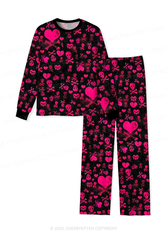 Skeleton Pink Love Valentine's Day Y2K Print Long Sleeve Pajama Set Cherrykitten