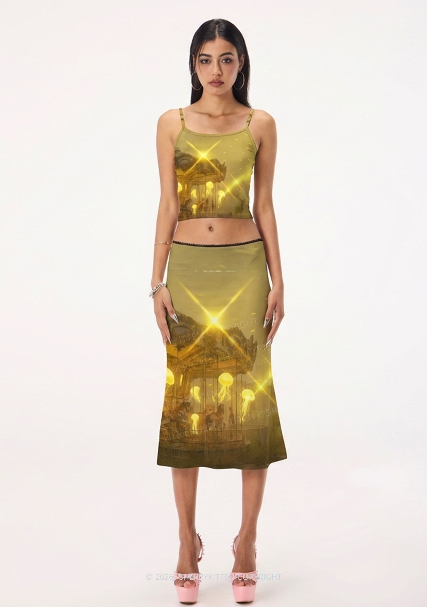 Golden Carousel Jellyfish Y2K Print Midi Skirt Cherrykitten