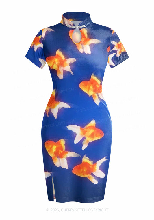 Goldfish On Blue Y2K Cheongsam Mini Dress Cherrykitten