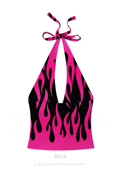 Hot Pink Flame Y2K Print Halter Deep V Neck Cami Cherrykitten