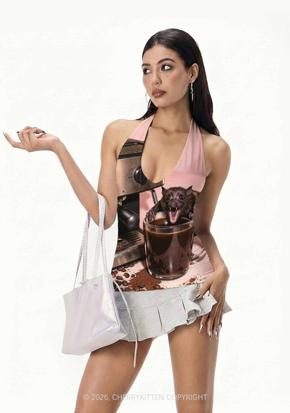 Halloween Bat Coffee Y2K Print Halter Deep V Neck Cami Cherrykitten