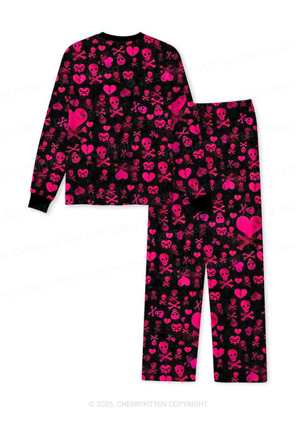 Skeleton Pink Love Valentine's Day Y2K Print Long Sleeve Pajama Set Cherrykitten