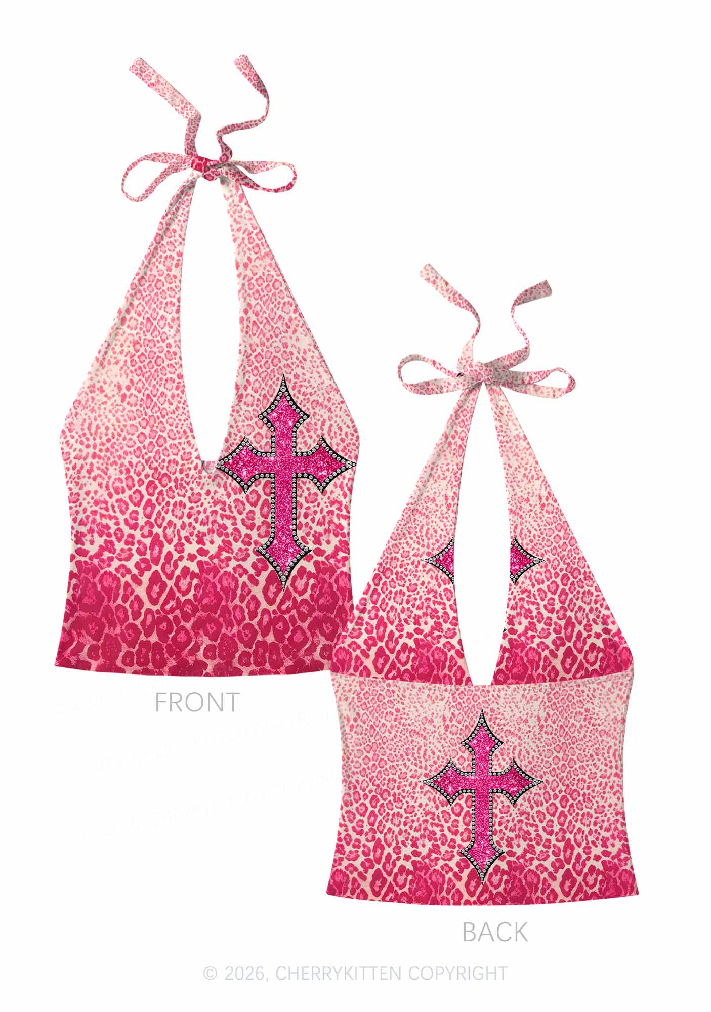 Halloween Pink Leopard Cross Y2K Print Halter Deep V Neck Cami Cherrykitten
