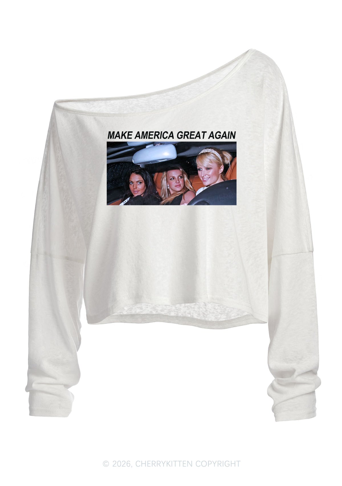 Make America Great Y2K Off Shoulder Long Sleeve Crop Top Cherrykitten